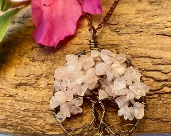 Rose Quartz Tree Of Life Necklace Pendant On Brown Chain Wire Wrapped Wedding Jewelry