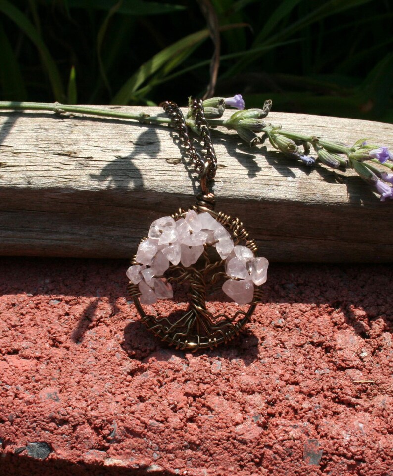 Rose Quartz Tree Of Life Necklace Pendant On Brown Chain Wire Wrapped Wedding Jewelry image 2