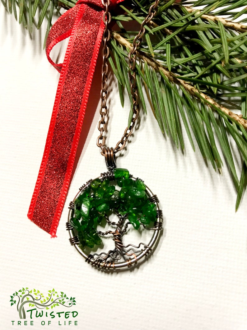 Minimalist Pendant Chrome Diopside Tree Of Life Necklace Gemstone Pendant on Copper Chain Brown Wire Wrapped Tree Gemstone image 1