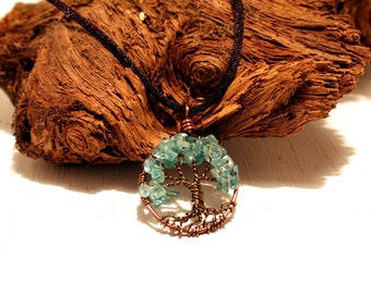 Apatite Tree of Life Pendant--- Pendant On Brown Silk Chain and Brown Artistic Wire Wrapped Semi Precious Gemstone Jewelry