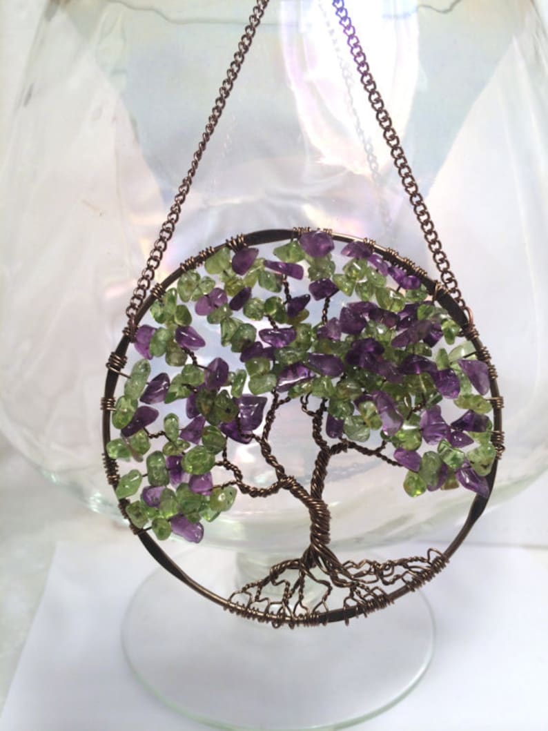 The Wisteria Tree of Life Sun Catcher with Deep Amethyst & Peridot Gemstone Chips image 7