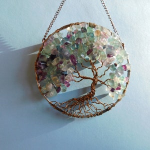 Florite Tree of Life Sun Catcher with Colorful Green Purple Teal Florite Gemstone Chips image 9