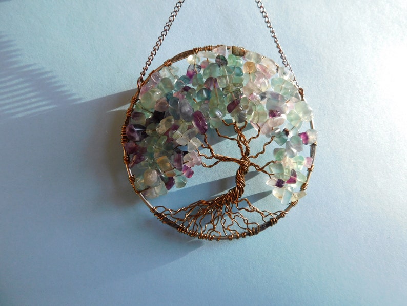 Florite Tree of Life Sun Catcher with Colorful Green Purple Teal Florite Gemstone Chips image 9