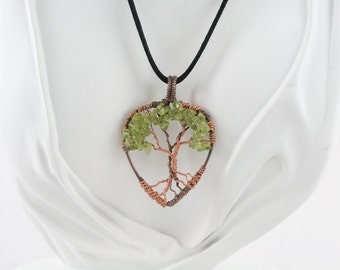 Copper Peridot Tree of Life Pendant Raw Copper Wire Wrapped Cabochon with Chain