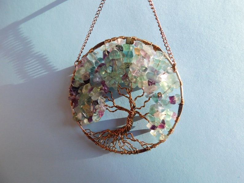 Florite Tree of Life Sun Catcher with Colorful Green Purple Teal Florite Gemstone Chips image 8