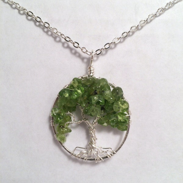 August Birthstone Tree Of Life Sterling Silver Peridot Necklace On Sterling Chain Wire Wrapped Pendant Semi Precious Gemstone Jewelry