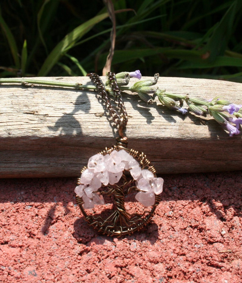 Rose Quartz Tree Of Life Necklace Pendant On Brown Chain Wire Wrapped Wedding Jewelry image 1