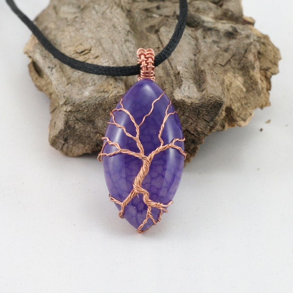 Purple Dragon Vein Tree of Life Pendant Raw Copper Wire Wrapped Cabochon with Chain