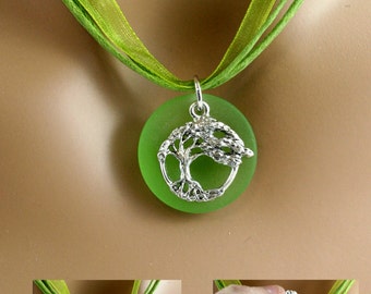 Tree of Life Pendant with Green Sea Glass Worry Stone Coin Bead on Matching Green Organza Ribbon Chain Wedding