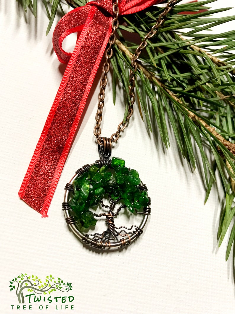 Minimalist Pendant Chrome Diopside Tree Of Life Necklace Gemstone Pendant on Copper Chain Brown Wire Wrapped Tree Gemstone image 3