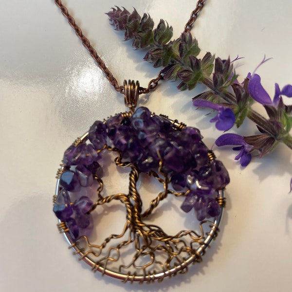 February Amethyst Birthstone Copper Tree of Life Petite Birthstone Necklace On Copper Chain Wire Wrapped Pendant