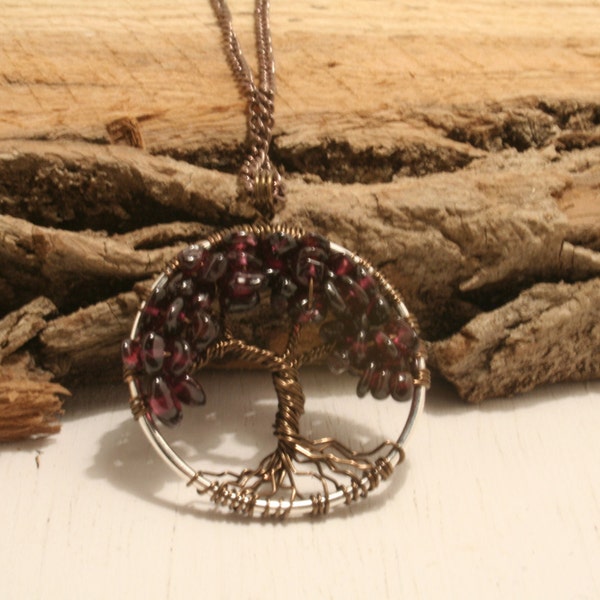 January Birthstone Jewelry Tree Of Life Necklace Red Garnet Pendant Silver Chain Brown