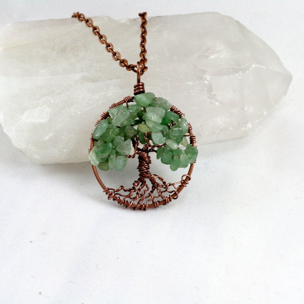 Aventurine Tree of Life Necklace, Antique Copper Trunk & Chain.   Wire Wrapped Semi Precious Gemstone Jewelry