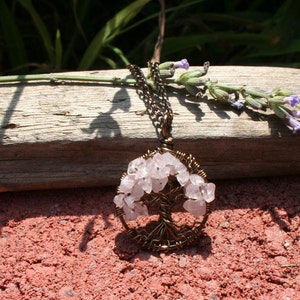 Rose Quartz Tree Of Life Necklace Pendant On Brown Chain Wire Wrapped Wedding Jewelry image 3