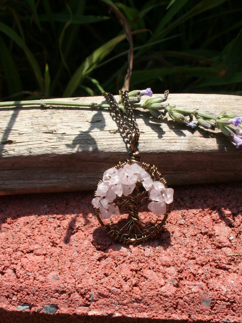 Rose Quartz Tree Of Life Necklace Pendant On Brown Chain Wire Wrapped Wedding Jewelry image 3