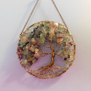 Florite Tree of Life Sun Catcher with Colorful Green Purple Teal Florite Gemstone Chips image 7