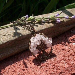 Rose Quartz Tree Of Life Necklace Pendant On Brown Chain Wire Wrapped Wedding Jewelry image 4