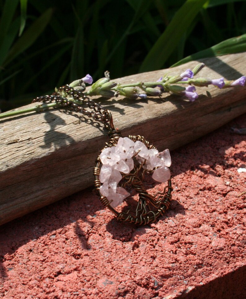 Rose Quartz Tree Of Life Necklace Pendant On Brown Chain Wire Wrapped Wedding Jewelry image 4