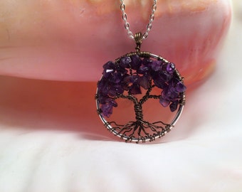 Mulbery Tree Of Life Necklace Amethyst Pendant Silver Chain Brown Wire Wrapped Tree Gemstone Jewelry February Birthstone Purple