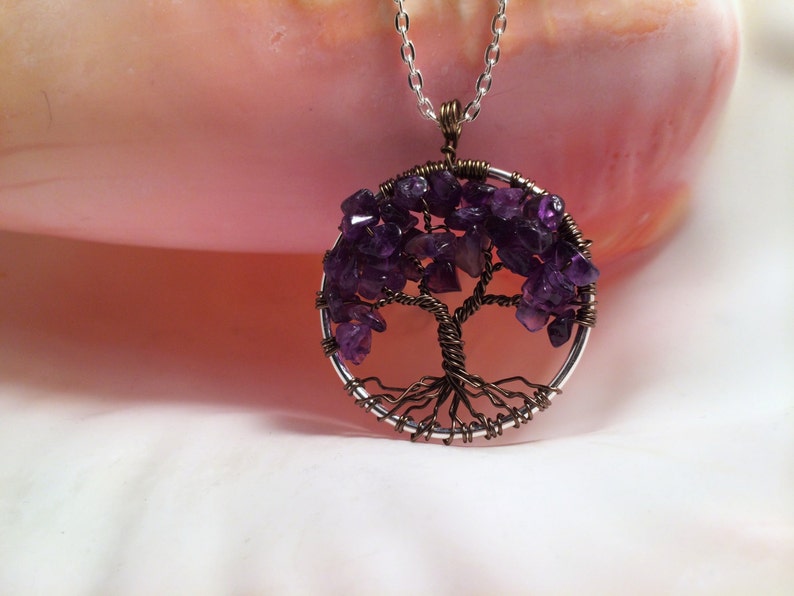 Mulbery Tree Of Life Necklace Amethyst Pendant Silver Chain Brown Wire Wrapped Tree Gemstone Jewelry February Birthstone Purple 