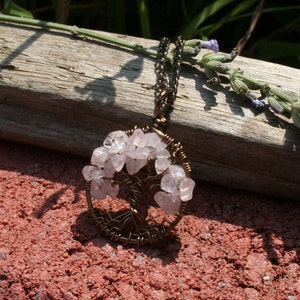 Rose Quartz Tree Of Life Necklace Pendant On Brown Chain Wire Wrapped Wedding Jewelry image 5