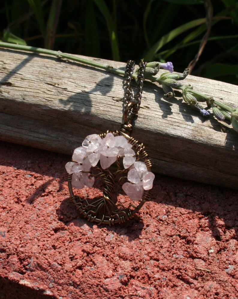 Rose Quartz Tree Of Life Necklace Pendant On Brown Chain Wire Wrapped Wedding Jewelry image 5