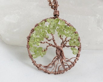 Wise Ole Tree Of Life Necklace Green Peridot Pendant Antique Copper Full Trunk Brown Chain Semi Precious Gemstone Jewelry August Birthstone