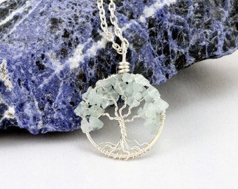 Petite Sterling Silver Tree Of Life Aquamarine Necklace On Sterling Chain.  Twisted Tree.