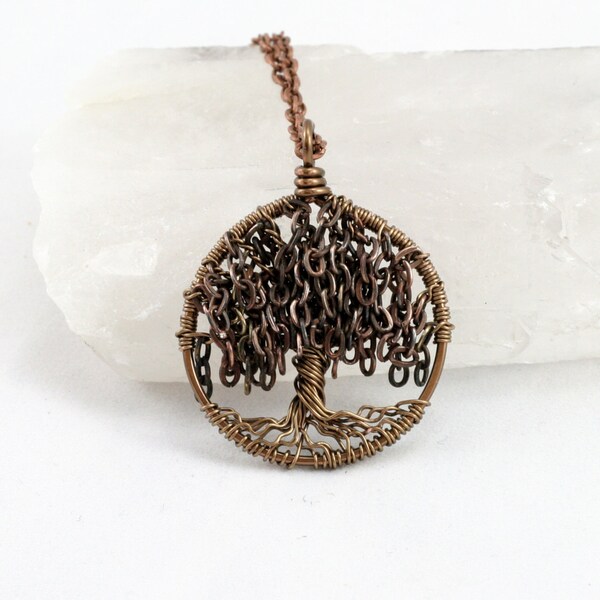 Weeping Willow Tree Of Life Necklace Oxidized Raw Copper and Brown Artistic Wire Chain Wire Wrapped Jewelry