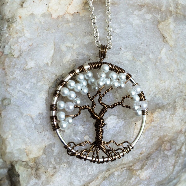 Tree Of Life Necklace Pearl Pendant Dark Brown Trunk On Silver Chain Wire Wrapped Semi Precious Gemstone Jewelry June Birthstone