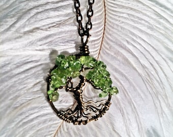 River Birch Tree Of Life Necklace Peridot Pendant Copper Chain and Wire Wrapped Tree Gemstone Jewelry August Birthstone Jewelry
