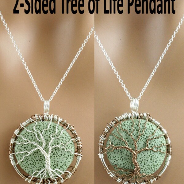 2 Sided Tree Of Life Necklace Green Lava Rock Pendant Brown SilverArtistic Wire Trunks on Silver Chain Wire Wrapped Jewelry