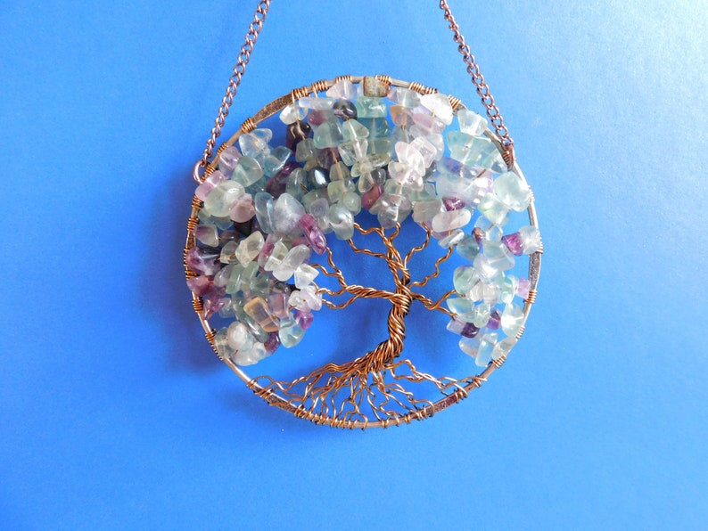 Florite Tree of Life Sun Catcher with Colorful Green Purple Teal Florite Gemstone Chips image 4