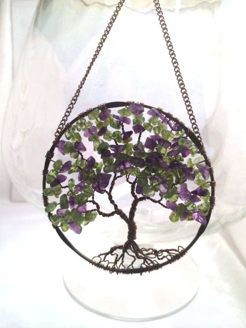 The Wisteria Tree of Life Sun Catcher with Deep Amethyst & Peridot Gemstone Chips image 2