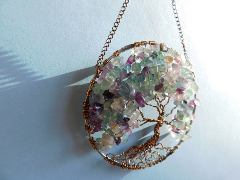 Florite Tree of Life Sun Catcher with Colorful Green Purple Teal Florite Gemstone Chips image 3