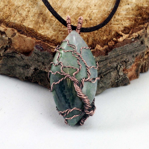 Green Dragon Vein Tree of Life Pendant Raw Copper Wire Wrapped Cabochon with Chain