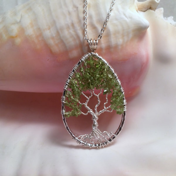 Teardrop Green Peridot Tree Of Life Necklace Pendant On Silver Chain Wire Wrapped Semi Precious Gemstone Jewelry August Birthstone Jewelry