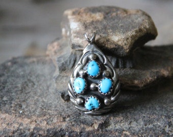 Vintage | Southwestern | Rita Dawes | Four Stone | December | Birthstone | Turquoise | Teardrop | 925 Sterling Silver | Stamped D | Pendant