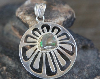 Ethiopian | Translucent | Green | Orange | Yellow | Opal | Sterling | Silver | 925 | Pierced | Circle | Flower | Pendant