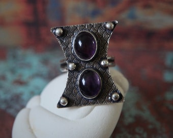 Vintage | Handcrafted | Two Stone | Purple | February | Amethyst | Sterling | Silver | Hour Glass Shaped | Rectangular | Ring US sz 10