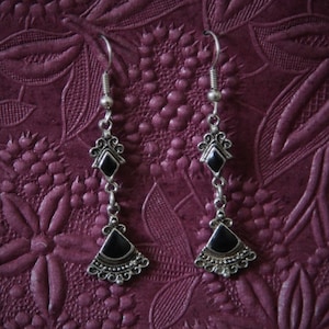 Vintage | Delicate | Handcrafted | Ornate | Long Drop | Onyx | Dangle | Ear | Wire | 925 | Sterling Silver | Earrings