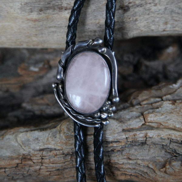 Vintage | Bolo Tie | Adjustable | Southwestern | Sterling Silver | Metal | Pink | Rose Quartz | Black Leather