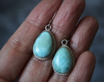 Cloudy Sky Blue | Gray | Larimar | Domed | Teardrop | Pear Shaped | Vintage | Dangle |  925 | Sterling Silver | Ear Wire | Earrings