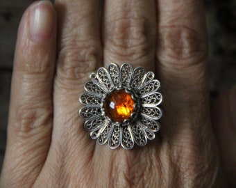 Vintage Baltic Amber Ring: Sterling Silver Cannetille Flower, US Size 8 3/4