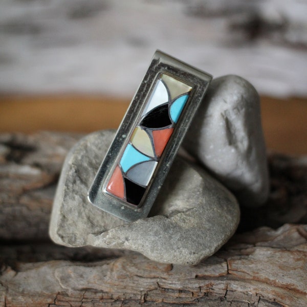 Vintage | Sterling Silver | Multi Stone | Multi Colored | Inlay | Turquoise | Pink Coral | Onyx | Shell | MOP | Signed | Money Clip | 17 gr