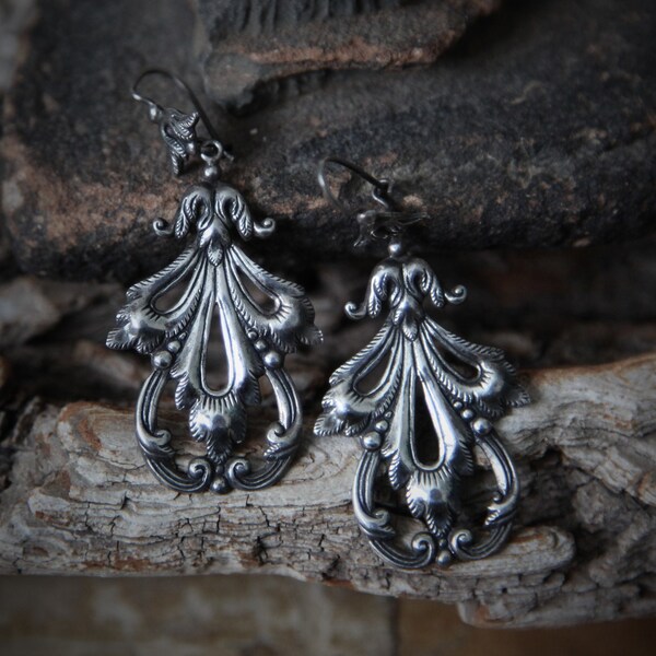 Exquisite | Large | Vintage | Ornate | Art Nouveau | Filigree | Repousse | Floral | Dangle | Cast | 925 | Sterling | Silver | Earrings