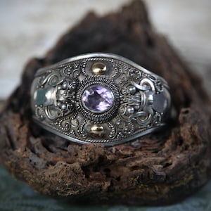 Vintage Balinese Barong Mask Cuff: Sterling Silver Amethyst Bracelet