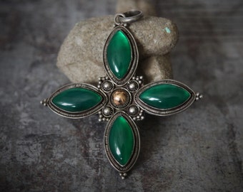 Vintage | Large | Balinese | Asian | Ornate | Sterling Silver | 925 | Green Onyx | Chalcedony | 14K Gold in Center | Cross | Pendant