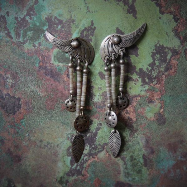 Vintage | Lightweight | Heishi Bead | Carved | Disc | Wings | Leaves | Post | Dangle | Swirl | Feather | Bird | Sterling Silver | Earrings