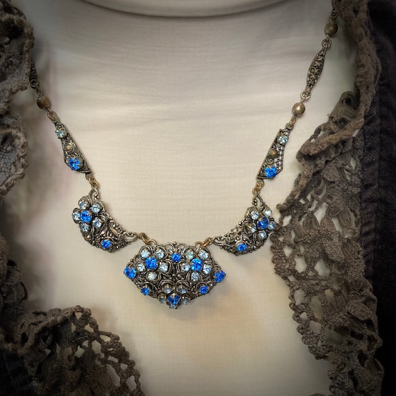 Vintage Art Nouveau Blue Rhinestone Floral Necklace, Western Germany